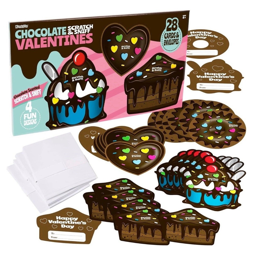 Chocolate Scented Valentine's‎ Day Cards– 28 Pack with Envelopes Scratch & Sniff